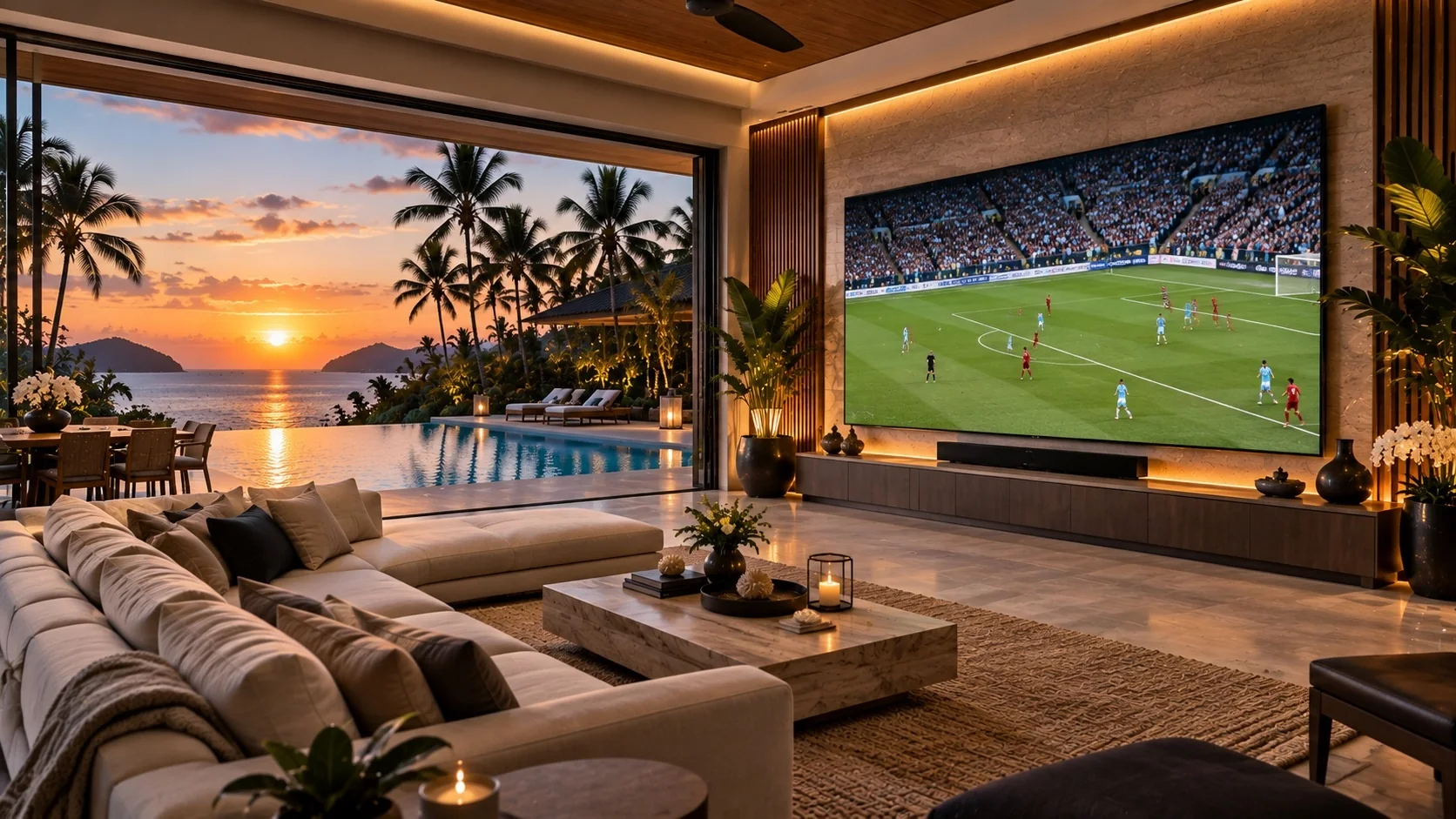 A 136-inch Collaborate display in a villa living room at sunset